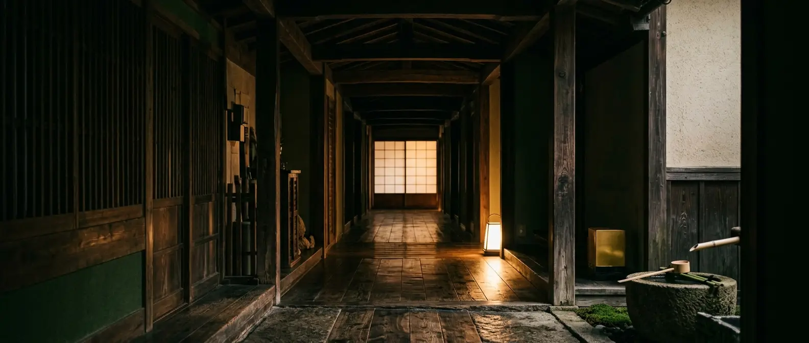A dark timber corridor lit at its far end by a shoji screen, with a stone water basin at the near edge