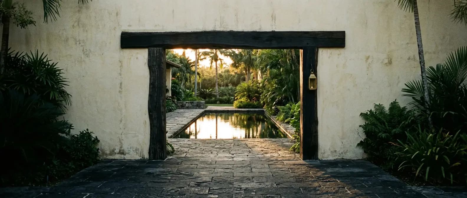 A still reflecting pool in a planted courtyard, seen from beneath a covered walk at low sun