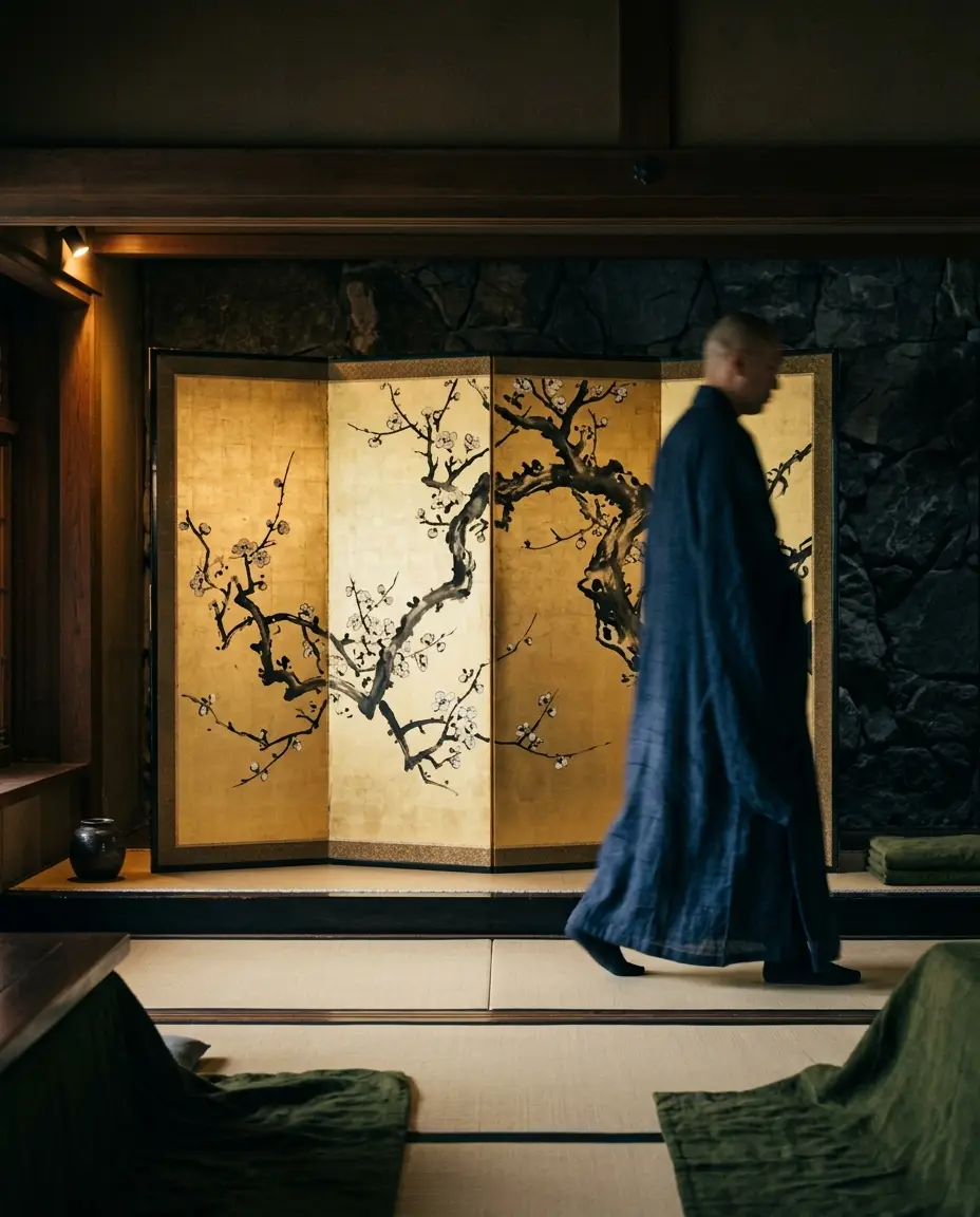 A figure in a linen robe crossing a tatami room, passing a gold folding screen painted with plum blossom