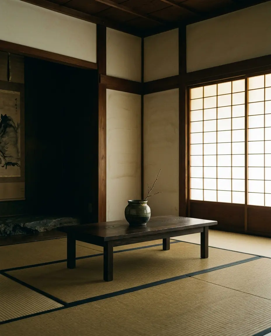 An empty tatami room with a low dark table, one glazed jar holding a single bare branch, and a wall of shoji glowing with daylight